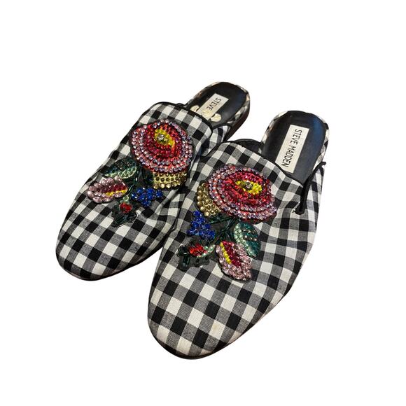 STEVE MADDEN Hydes Gingham Crystal Embellished Mules Slide Shoes Size 6.5 - Picture 1 of 5